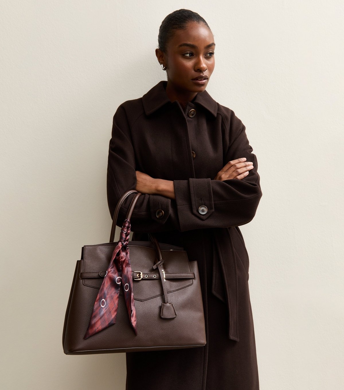 New Look Dark Brown Faux Leather Belted Scarf Tote Bag New Look - 2