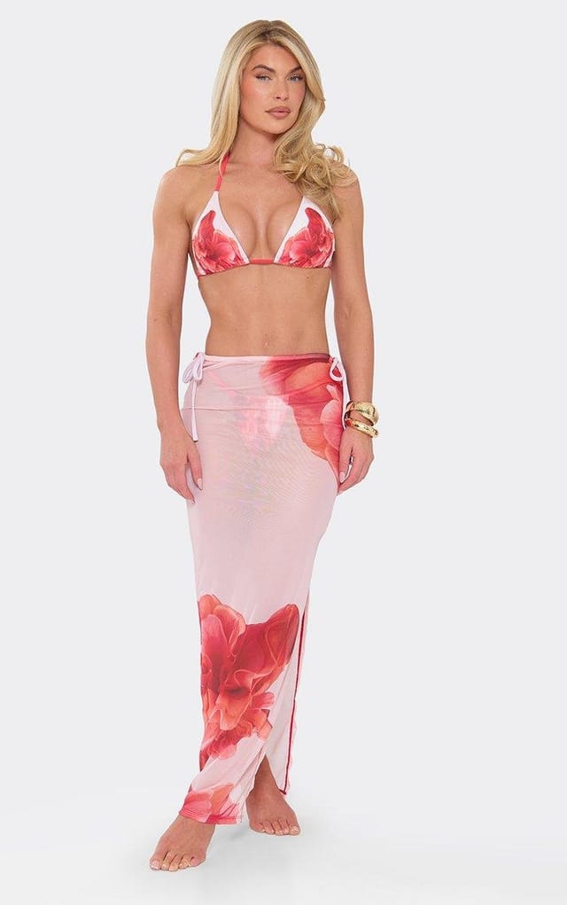 EGO Tie Side Contrast Beach Maxi Skirt In Multi Large Floral Print Mesh, Women's Size UK 6 - 2