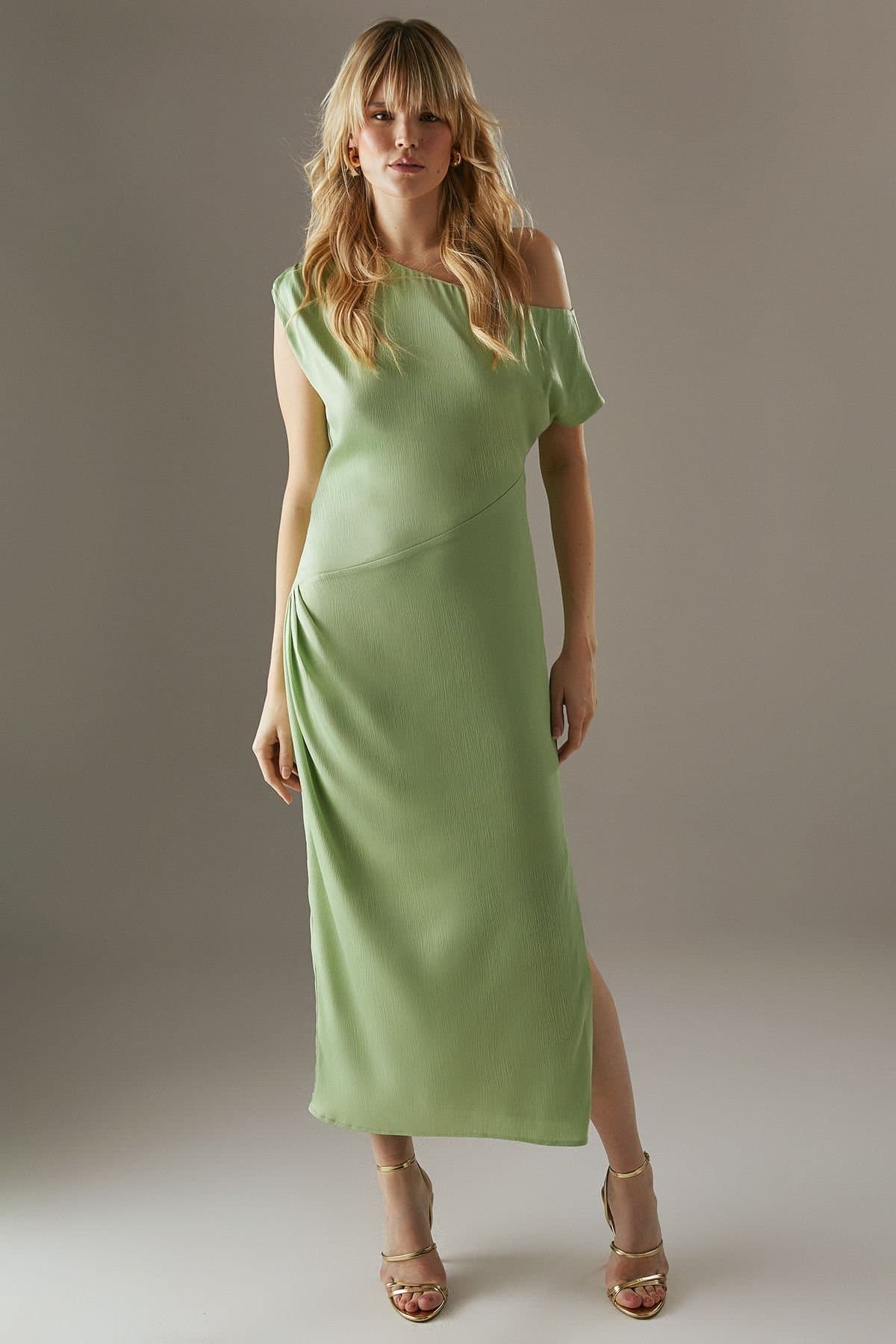 Warehouse Warehouse Women's Crinkle Satin Fallen Shoulder Knot Side Midi Dress in Sage