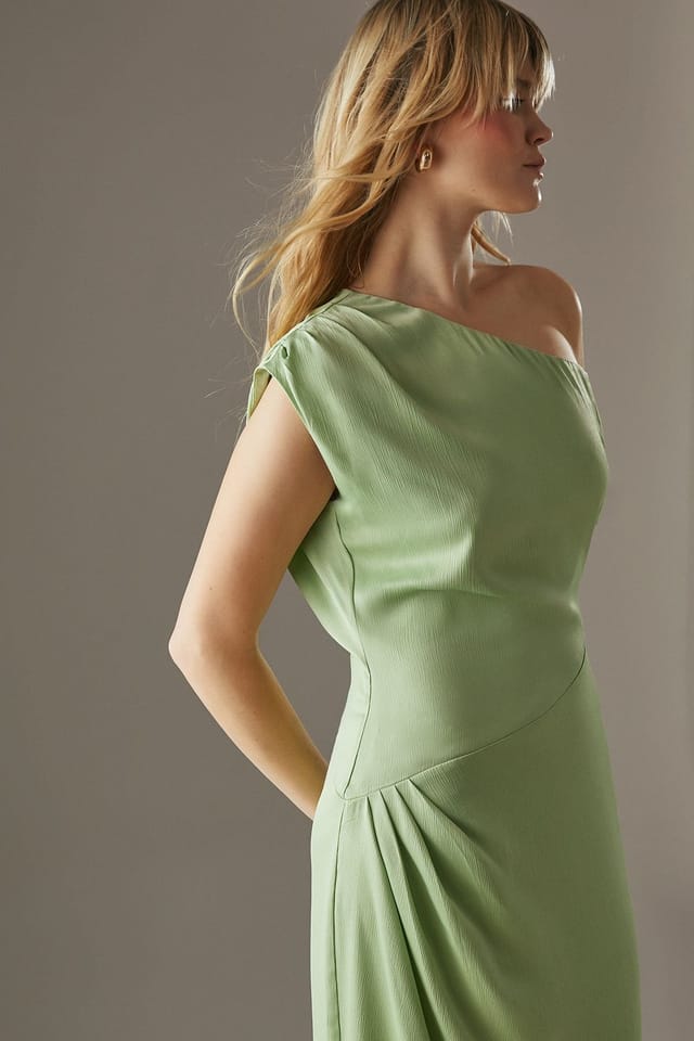 Warehouse Warehouse Women's Crinkle Satin Fallen Shoulder Knot Side Midi Dress in Sage - 2