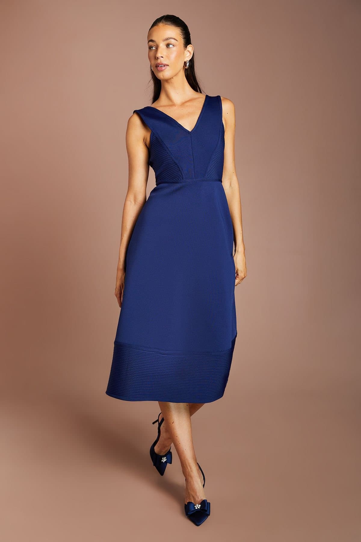 Coast Coast Women's V Neck Sleeveless Bandage Midi Dress in Navy