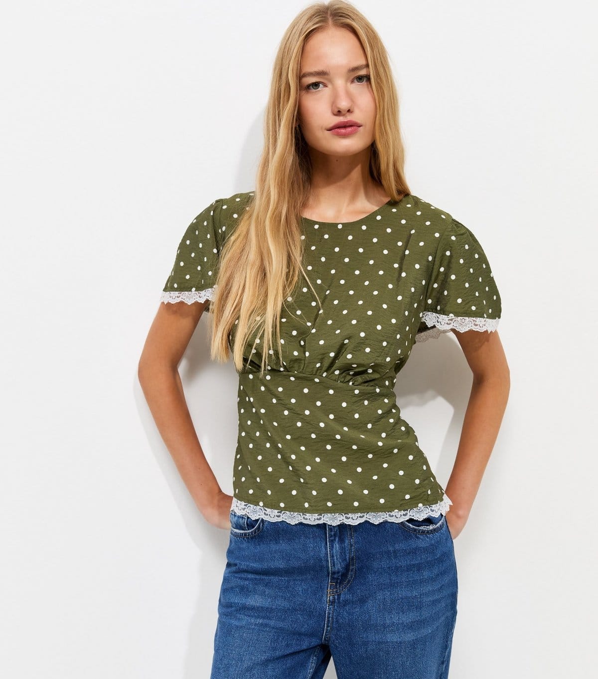 Women's Green Spot Print Lace Trim Blouse New Look