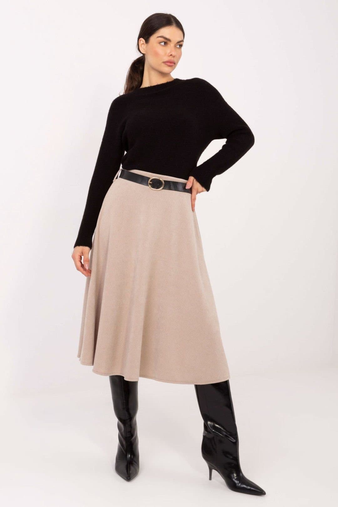 Love Lace Love Lace Beige Rib Knit Flared Skirt with Belt