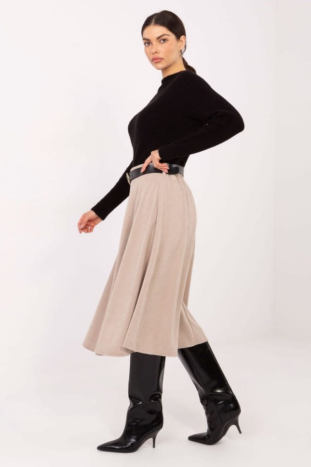 Love Lace Love Lace Women's Flared Rib Knit Skirt with Waist Belt in Beige - 2