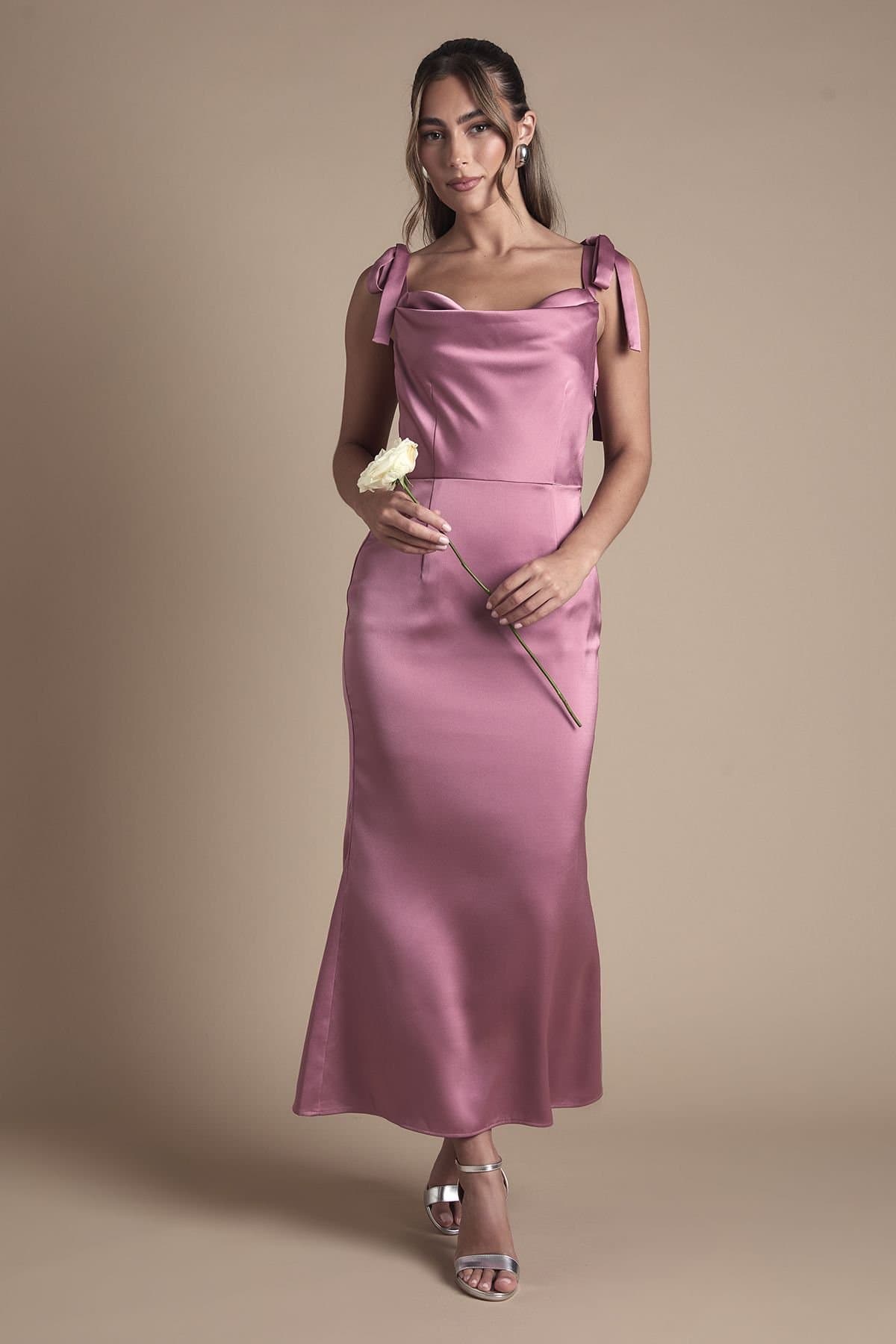 Oasis Oasis Women's Satin Tie Shoulder Cowl Front Midi Bridesmaid Dress in Dark Mauve