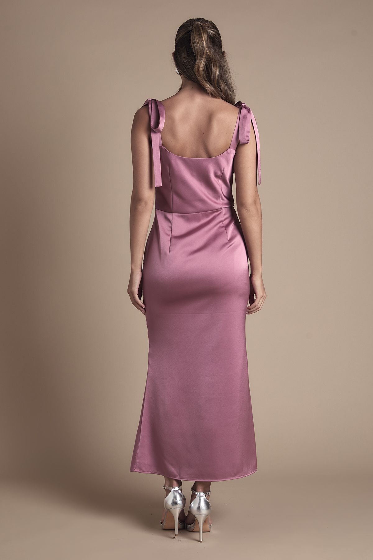 Oasis Oasis Women's Satin Tie Shoulder Cowl Front Midi Bridesmaid Dress in Dark Mauve - 4