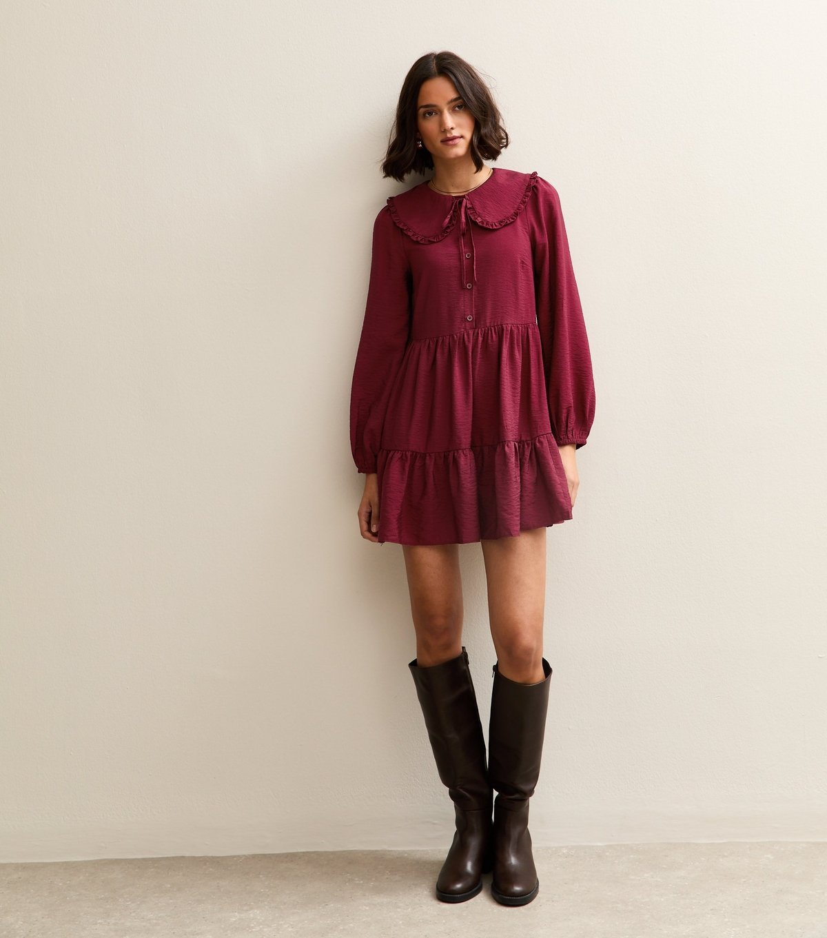New Look Women's Dark Burgundy Collared Long Sleeve Mini Dress New Look - 3