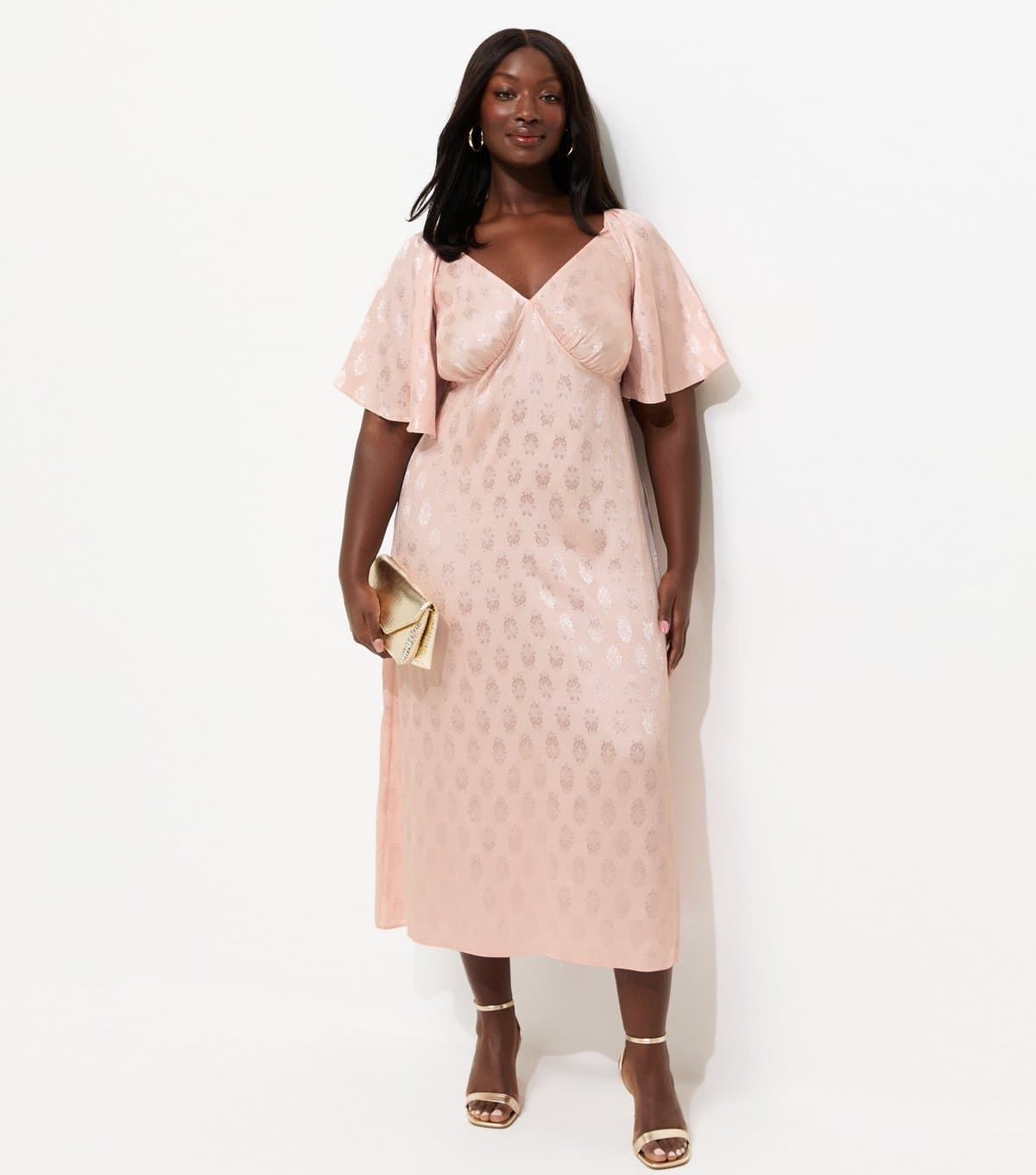 New Look Women's Plus Size Pink Paisley Jacquard Flutter Sleeve Midi Dress Curves New Look