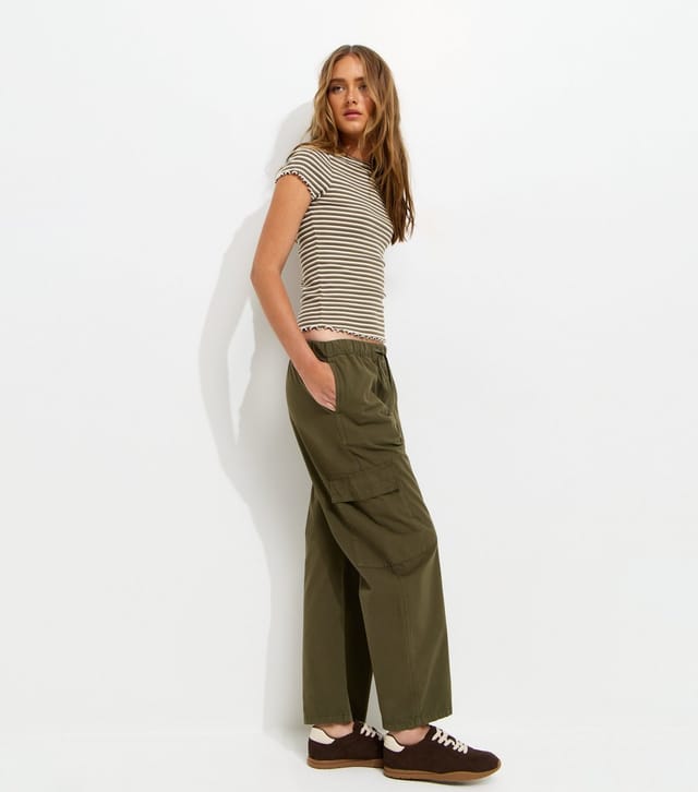 New Look Women's Green Babylock Striped Lettuce Trim T-Shirt New Look - 3