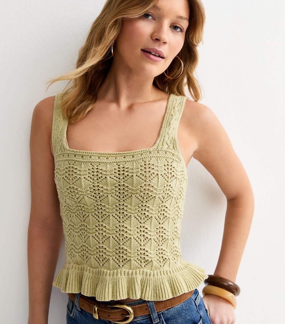 New Look Women's Light Green Square Neck Cotton Rich Pointelle Knit Vest New Look