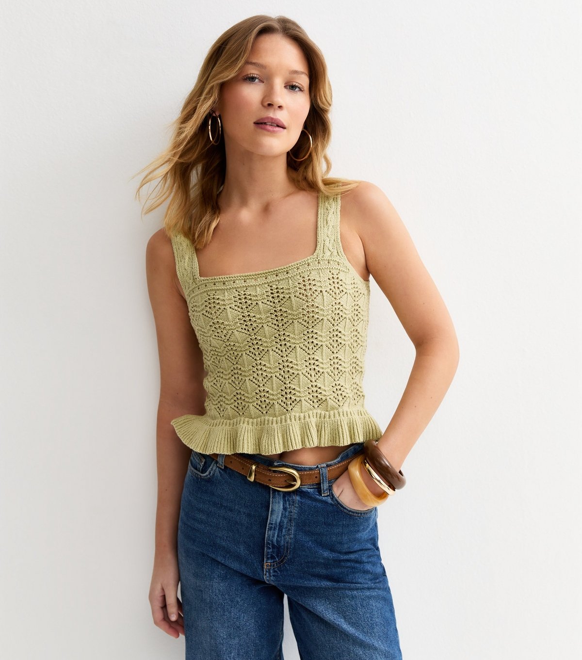 New Look Women's Light Green Square Neck Cotton Rich Pointelle Knit Vest New Look - 2