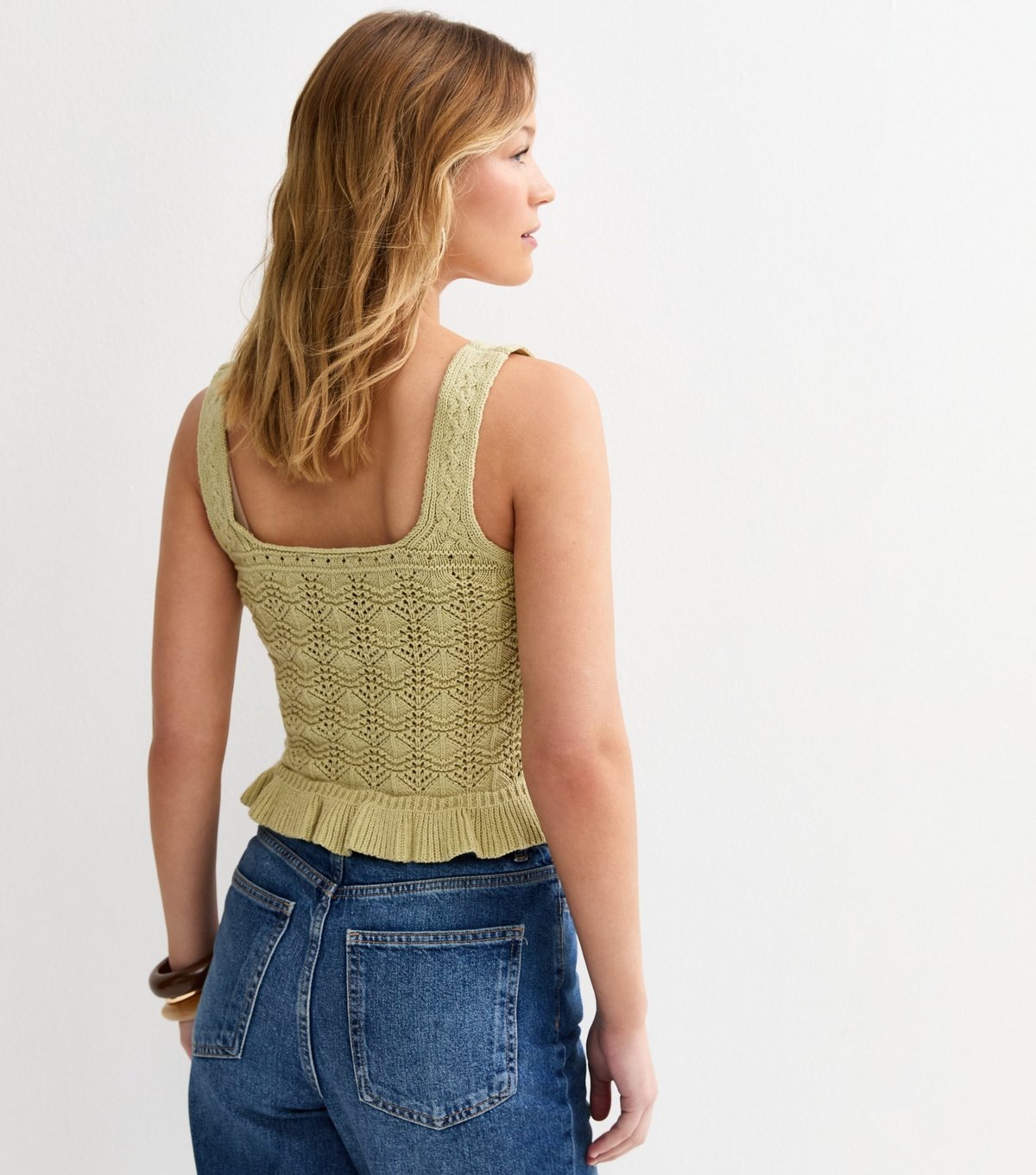 New Look Women's Light Green Square Neck Cotton Rich Pointelle Knit Vest New Look - 4