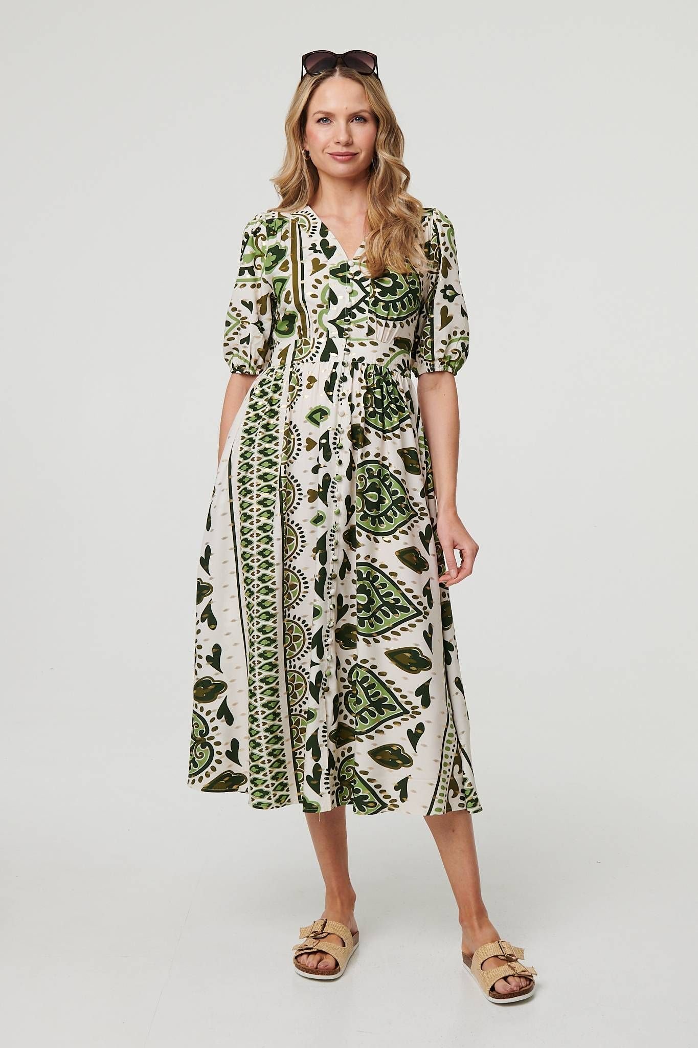 Izabel London Izabel London Women's Printed 1/2 Sleeve A-Line Midi Dress in Green - 2