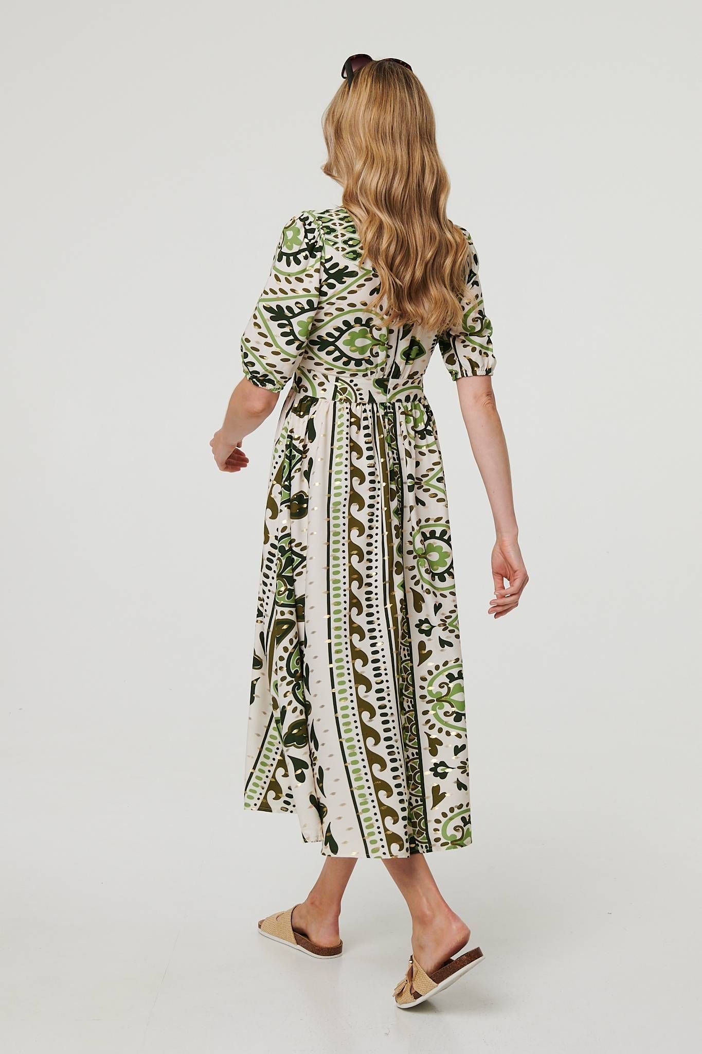 Izabel London Izabel London Women's Printed 1/2 Sleeve A-Line Midi Dress in Green - 3