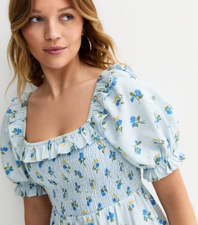 New Look Women's Blue Floral Print Shirred Frill Trim Midi Dress New Look - 2