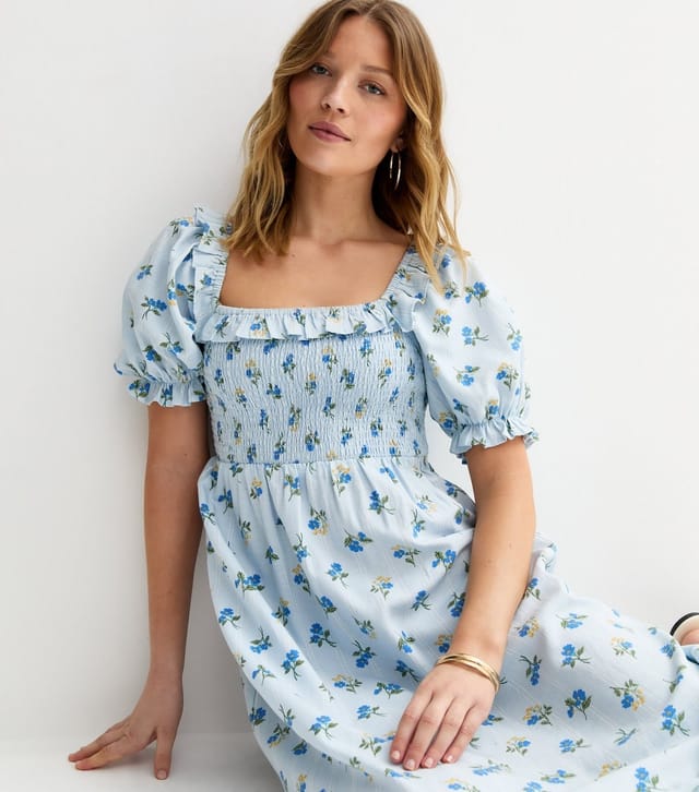 New Look Women's Blue Floral Print Shirred Frill Trim Midi Dress New Look - 3