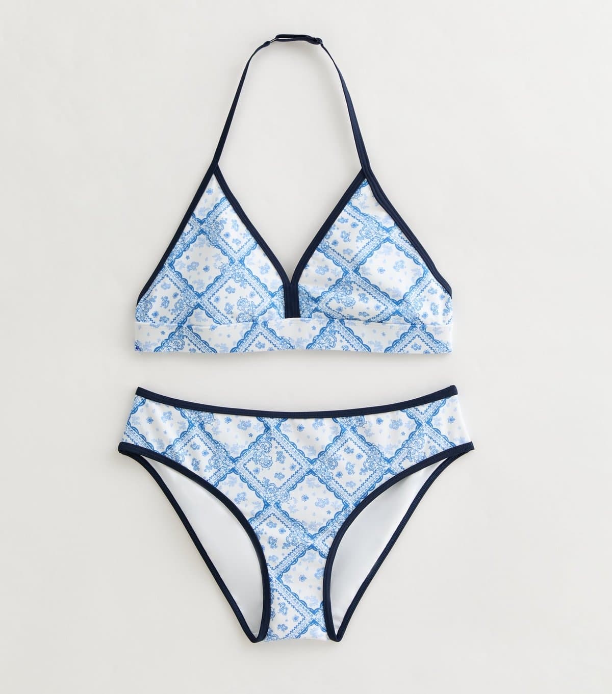 New Look Girls' Blue Floral Tile Pattern Triangle Bikini Top and Bottoms Set New Look