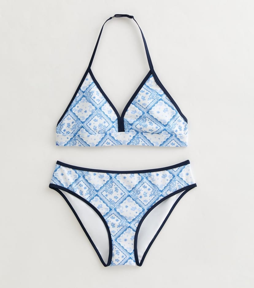 New Look Girls' Blue Floral Tile Pattern Triangle Bikini Top and Bottoms Set New Look - 1