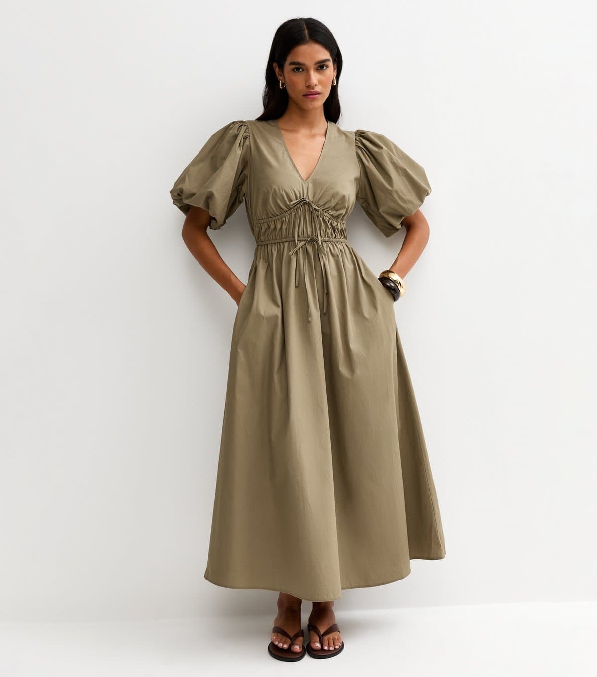New Look Women's Dark Khaki Cotton Puff Sleeve Midi Dress New Look