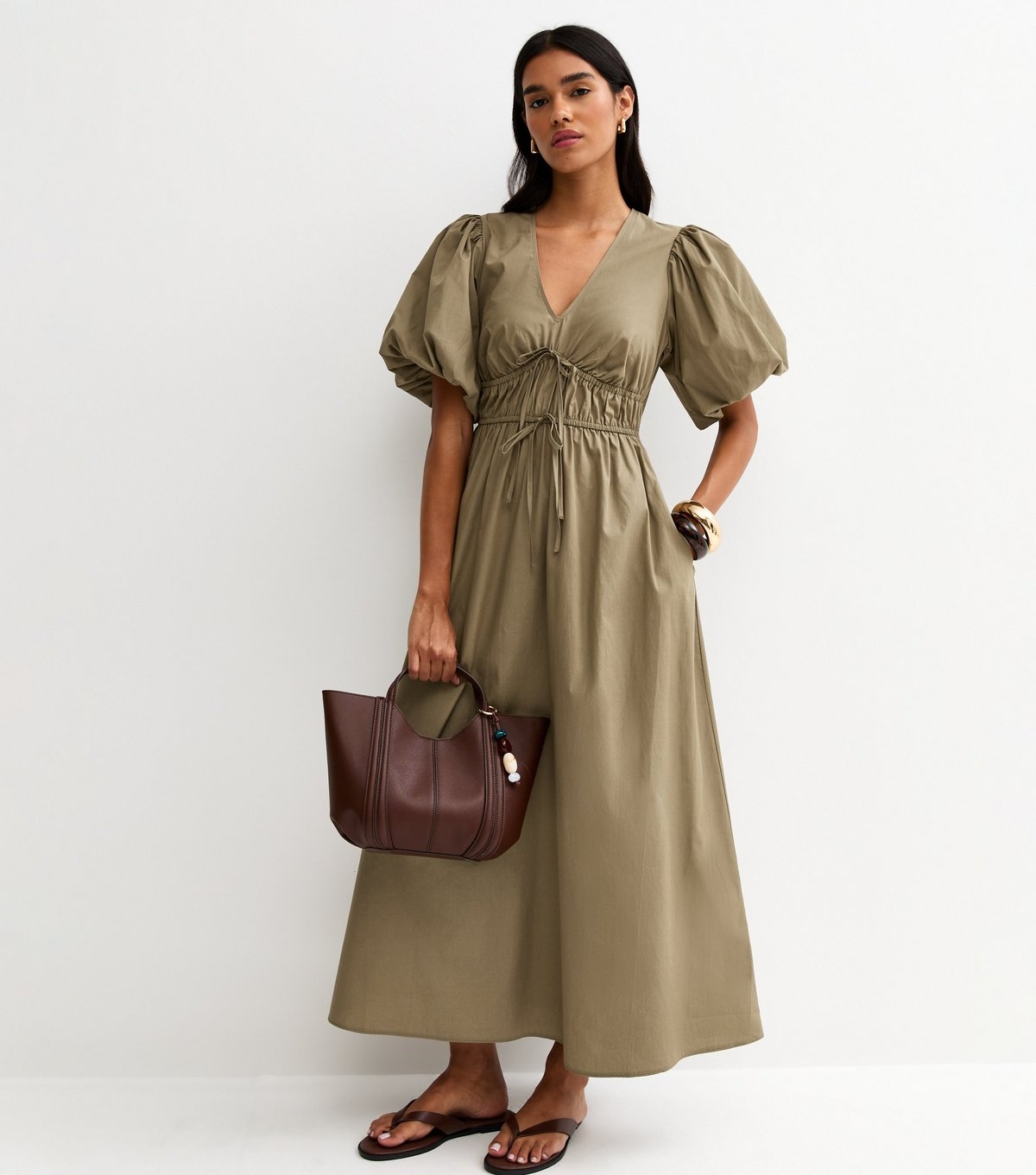 New Look Women's Dark Khaki Cotton Puff Sleeve Midi Dress New Look - 2