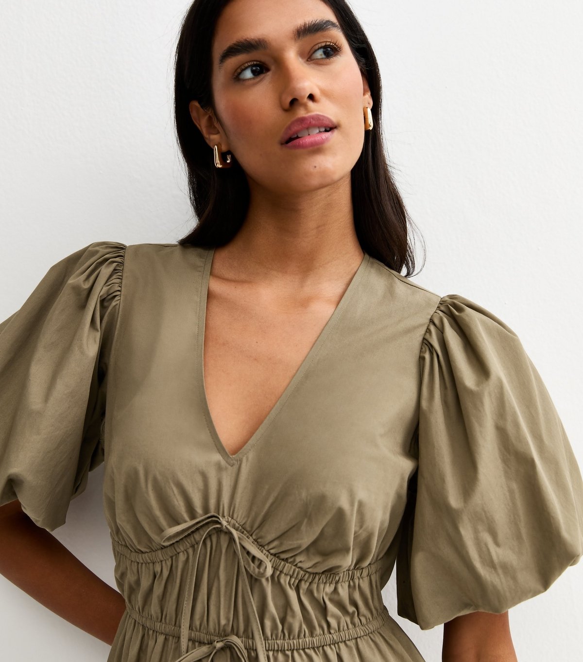 New Look Women's Dark Khaki Cotton Puff Sleeve Midi Dress New Look - 3