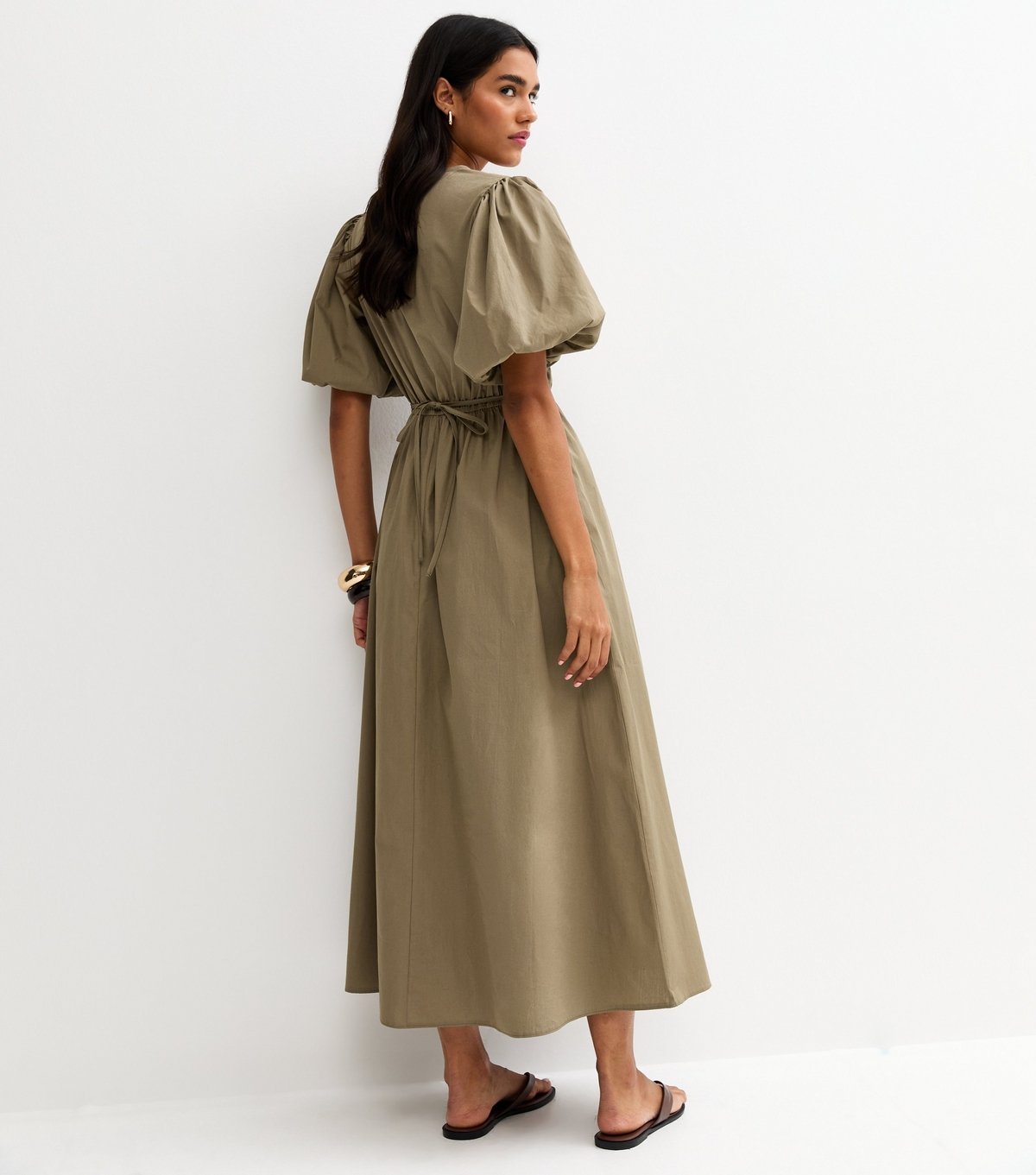 New Look Women's Dark Khaki Cotton Puff Sleeve Midi Dress New Look - 4