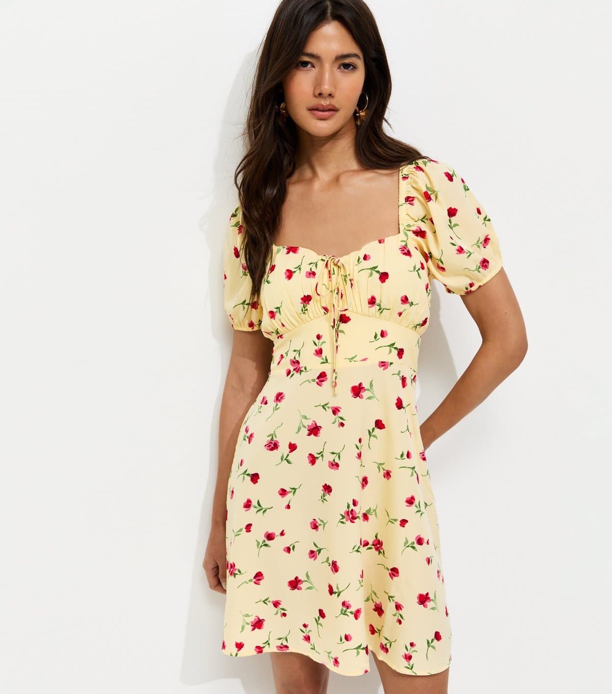 New Look Women's Light Yellow Rose Milkmaid Mini Dress New Look