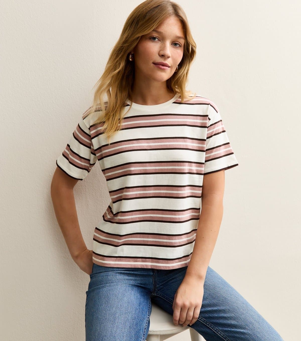 New Look Women's Cream and Pink Striped Boxy T-Shirt New Look