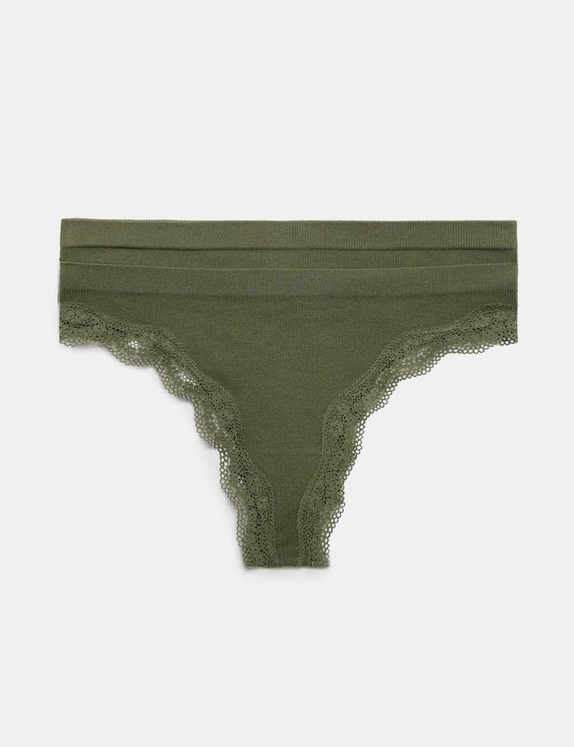 Marks & Spencer M&S 2 Pack Jasmine Lace Seamless Thongs Khaki - 1