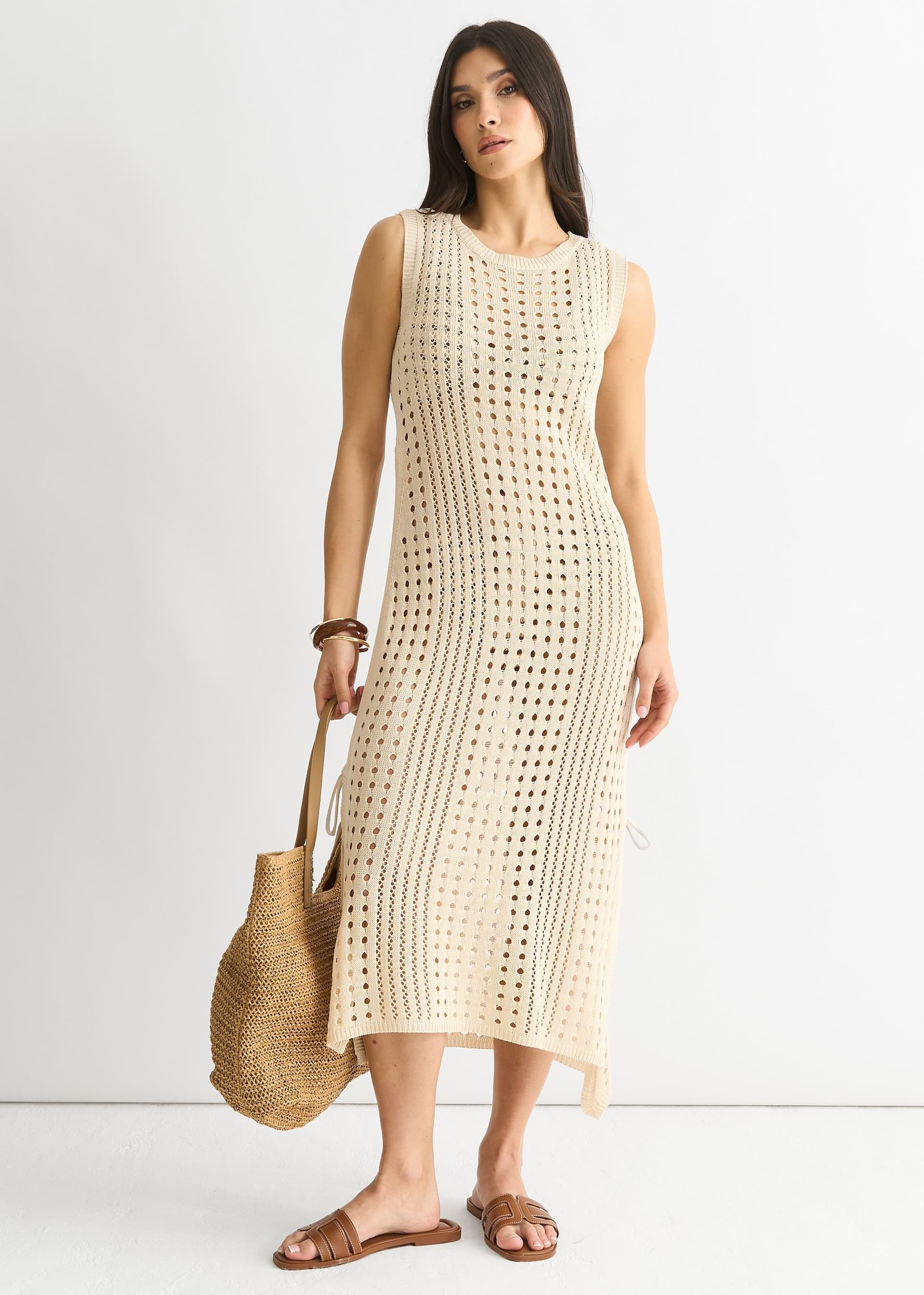 Gini London Gini London Women's Beige Crochet Knit Bodycon Midi Dress