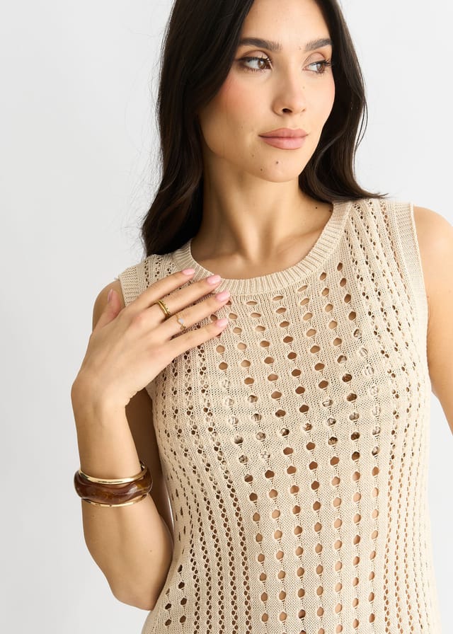 Gini London Gini London Women's Beige Crochet Knit Bodycon Midi Dress - 2