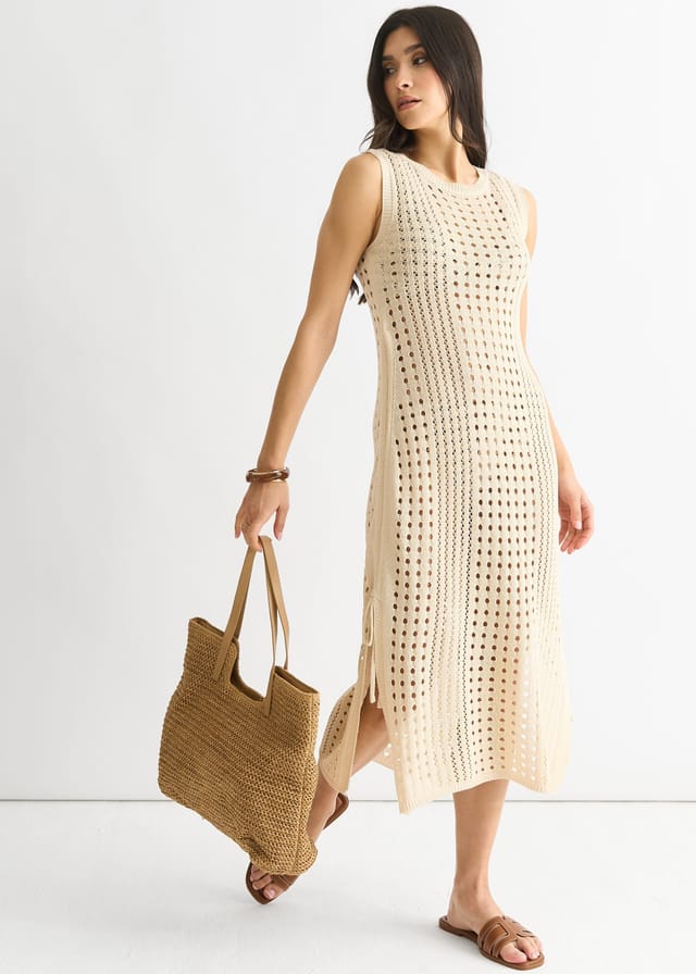 Gini London Gini London Women's Beige Crochet Knit Bodycon Midi Dress - 3