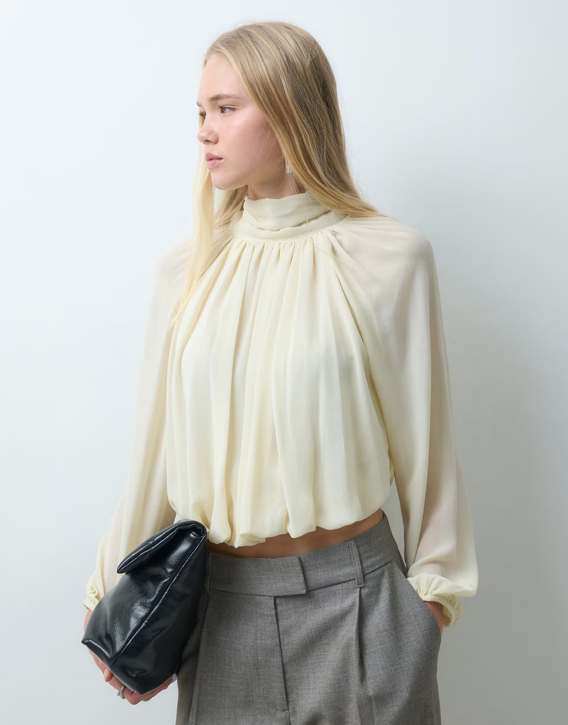 ASOS Mango high neck puff sleeve blouse in off white