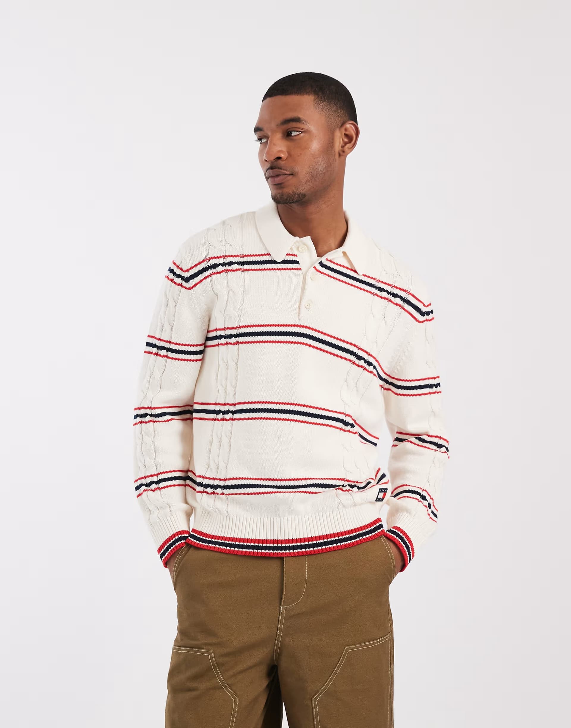 ASOS Tommy Jeans cable knit polo sweater in cream/red stripes