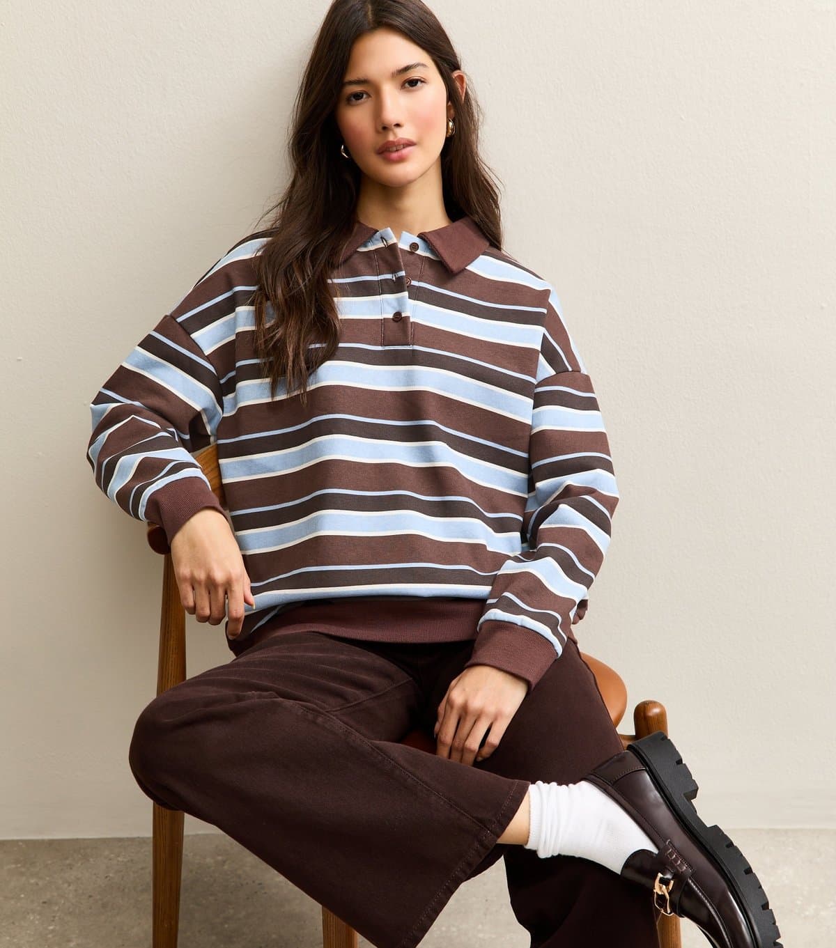 New Look Women's Brown Striped Rugby Sweatshirt New Look