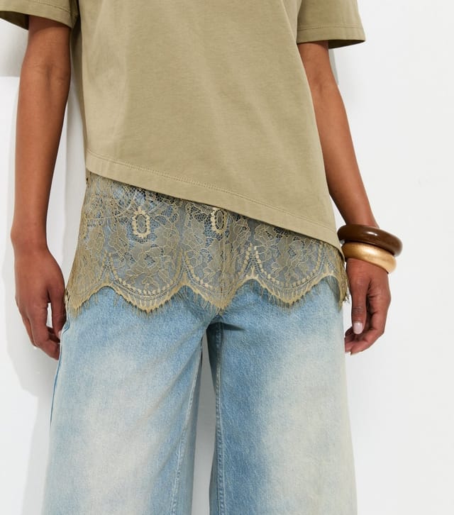 New Look Women's Light Khaki Cotton Scalloped Lace T-Shirt New Look - 2