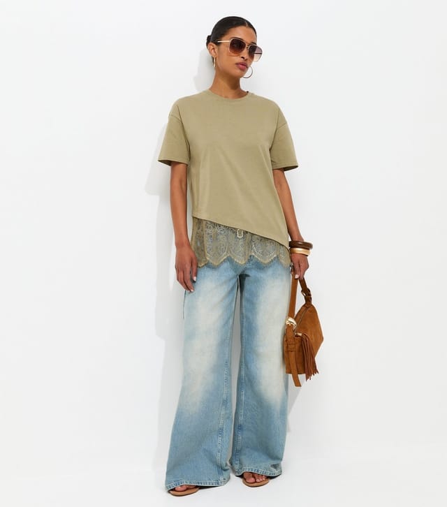 New Look Women's Light Khaki Cotton Scalloped Lace T-Shirt New Look - 3