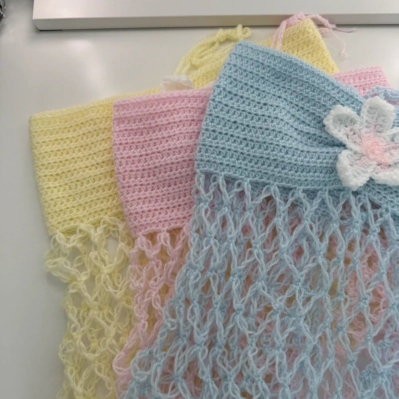 Summer Handmade Butter Yellow Crochet Flower Hibiscus Mesh Top Corset | Size 6 Beach Summer Coverup - 1
