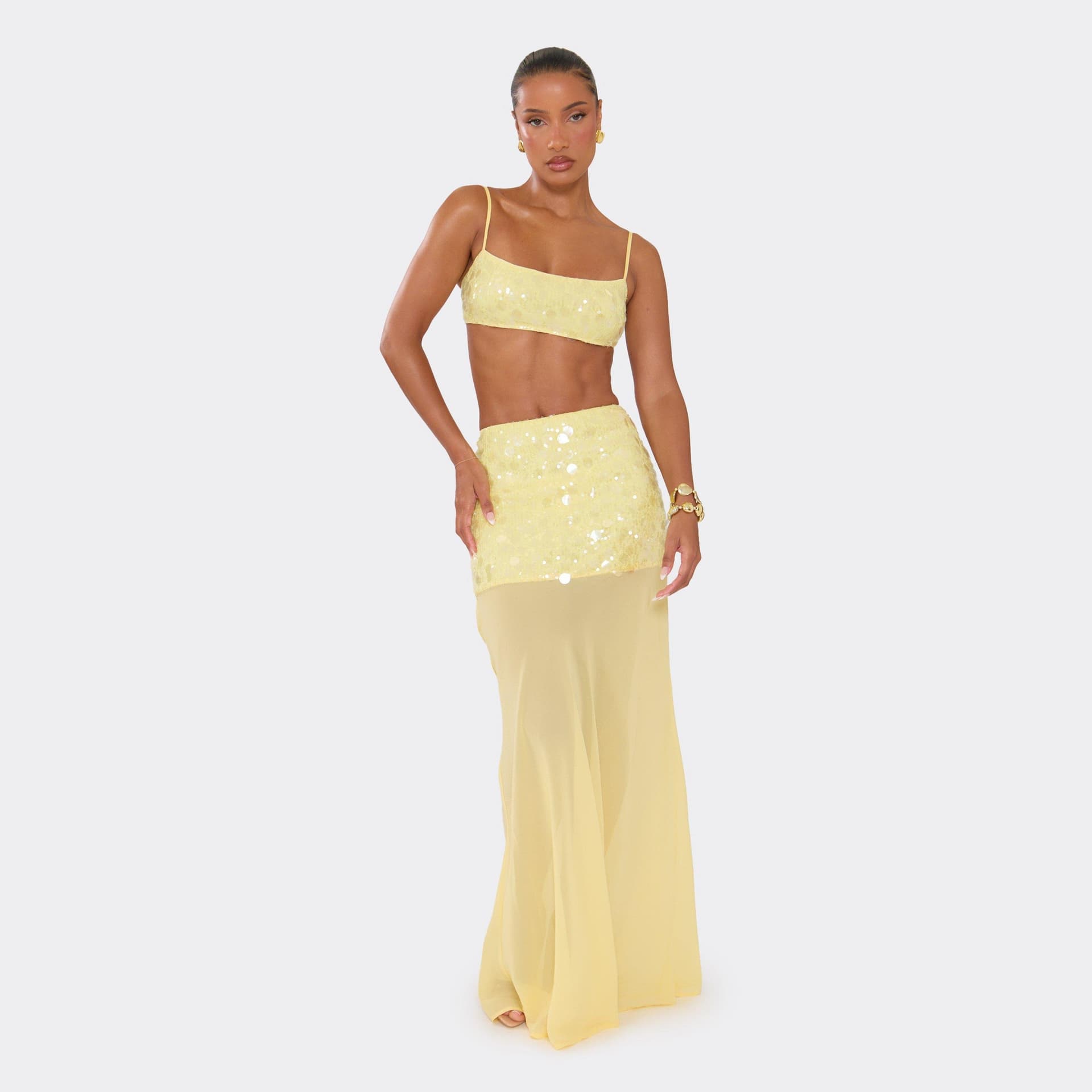 EGO Mesh Panel Maxi Skirt In Lemon Sequin, Women's Size UK 8