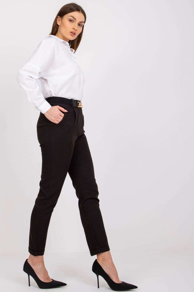 Love Lace Love Lace Women's High Rise Elastic Waist Belted Trousers in Black - 2