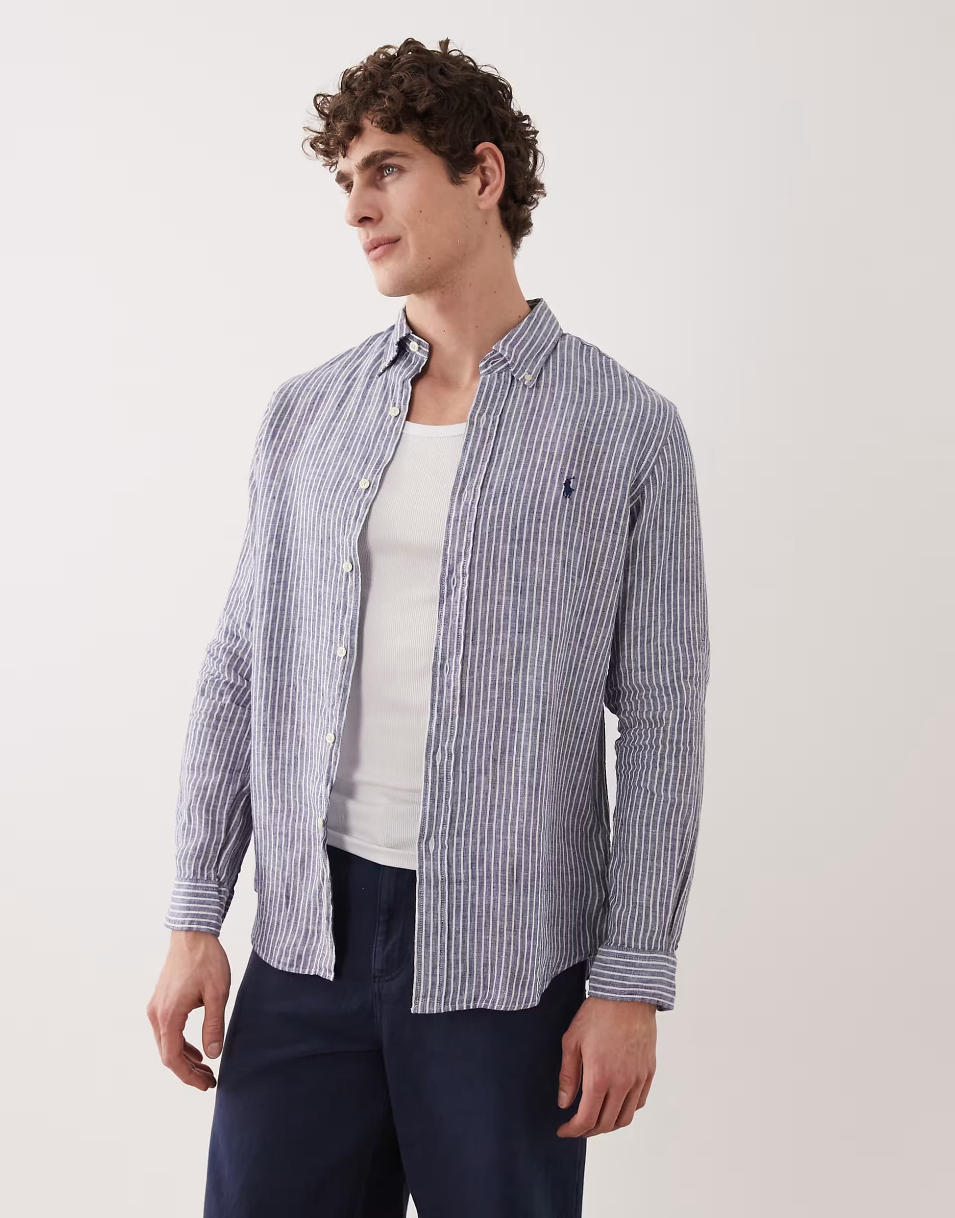 ASOS Polo Ralph Lauren icon logo striped linen shirt in navy and white