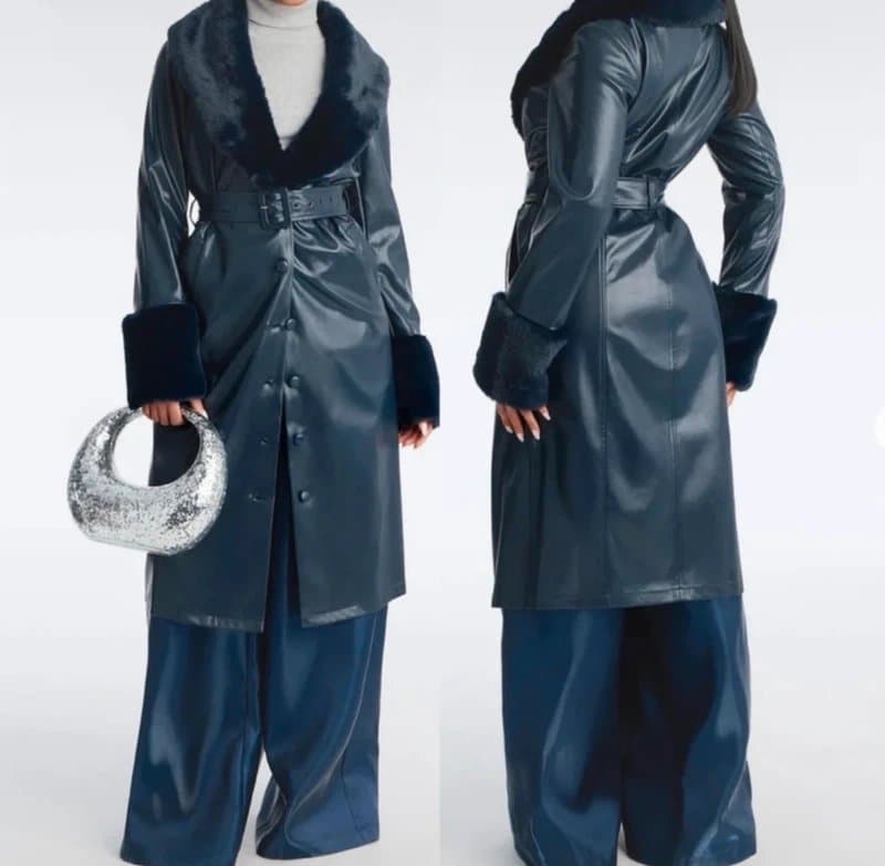 Fashion Nova Fashion Nova Navy Blue Faux Leather Trench Coat Fur Trim 1XL New