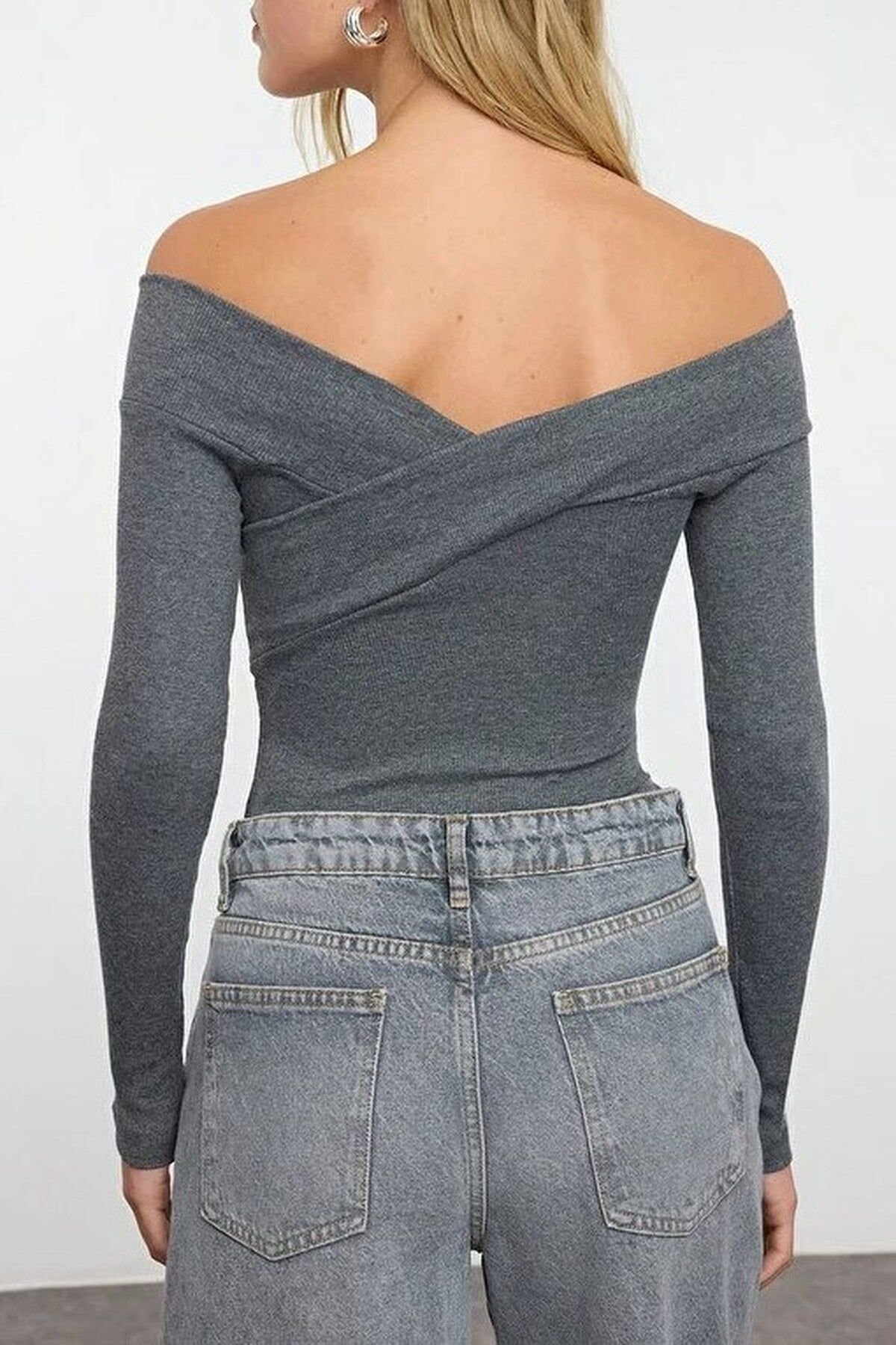 WOVCOR WOVCOR Women's Off Shoulder Ribbed Knit Bodysuit in Grey - 3