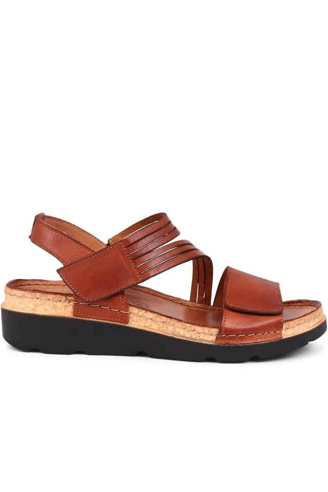 Pavers Pavers Women's Adjustable Fasten Leather Sandals in Tan - 2