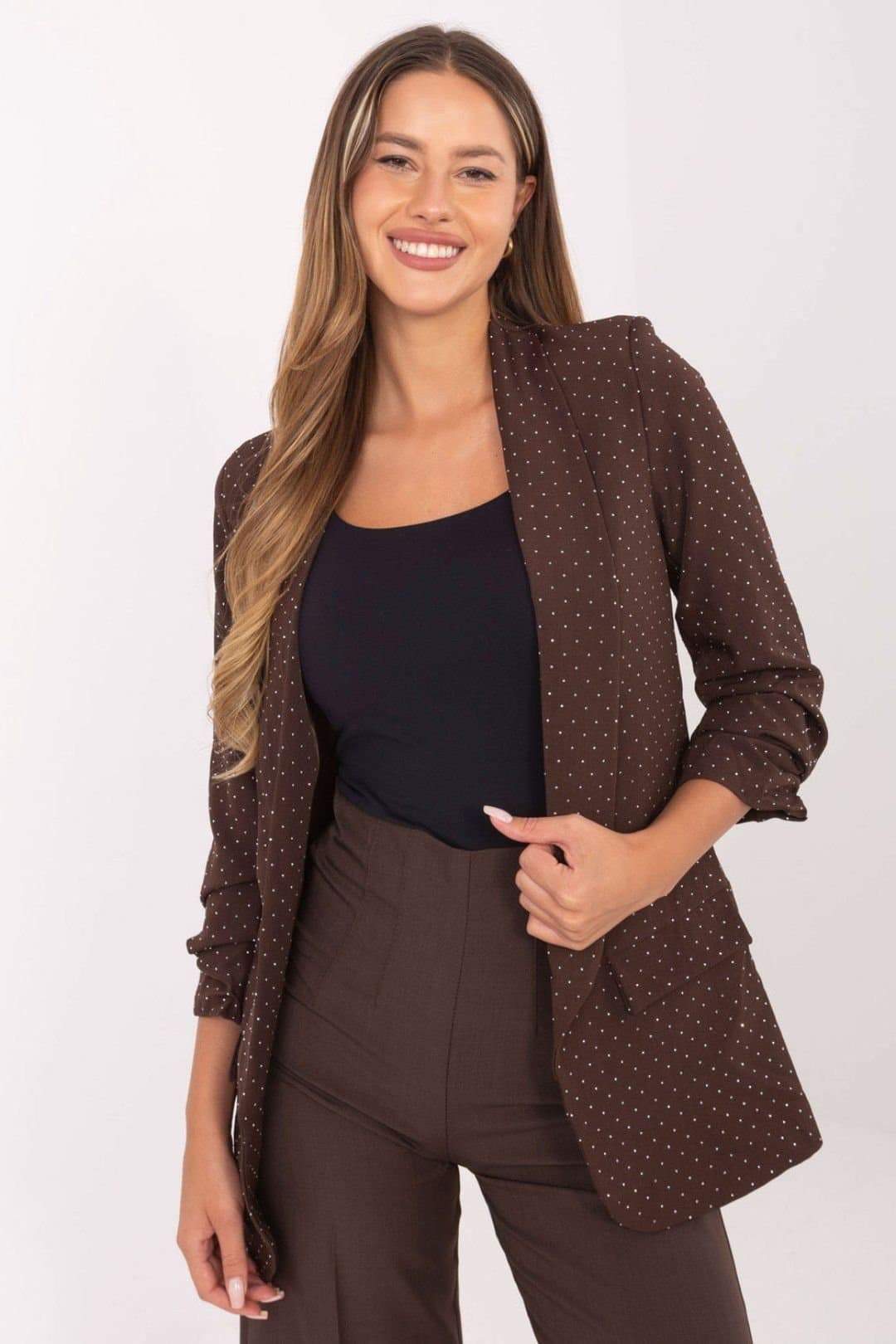 Love Lace Love Lace Women's Elegant Buttonless Jet Embellished Blazer in Brown