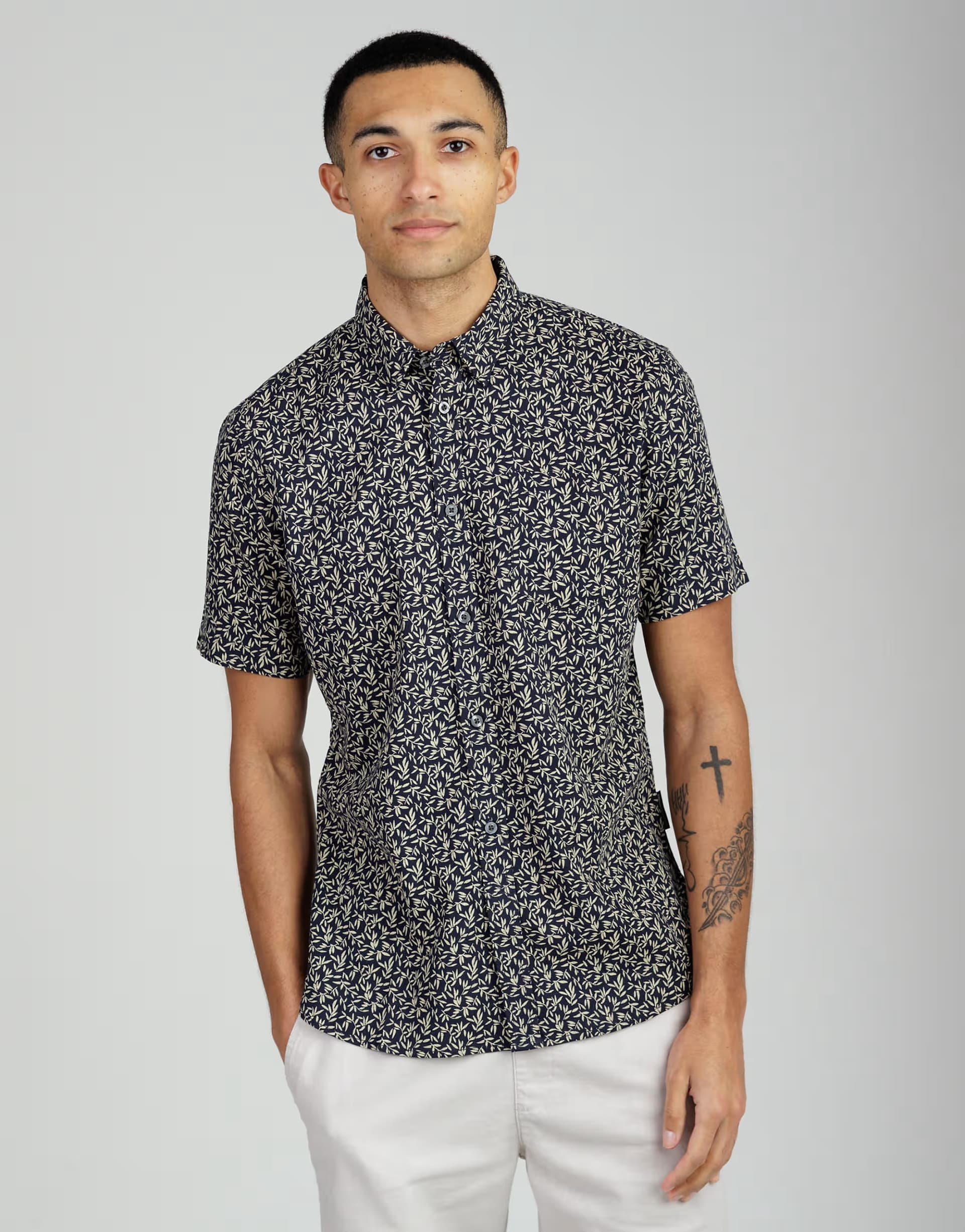 ASOS French Connection Linen blend leaf print short sleeve chest pocket shirt in navy