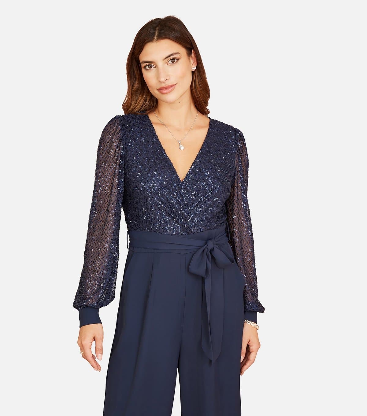 Yumi Women's Navy Long Sleeves Sequin Jumpsuit Yumi New Look