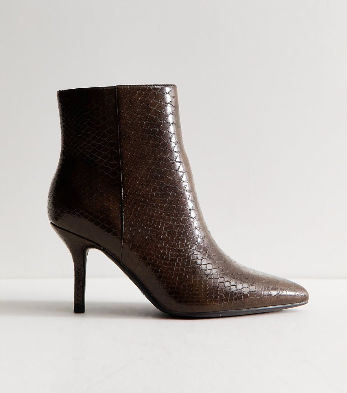 New Look Women's Wide Fit Dark Brown Faux Leather Snakeskin Effect Stiletto Ankle Boots Vegan New Look