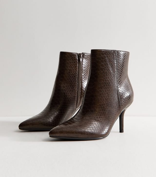 New Look Women's Wide Fit Dark Brown Faux Leather Snakeskin Effect Stiletto Ankle Boots Vegan New Look - 3