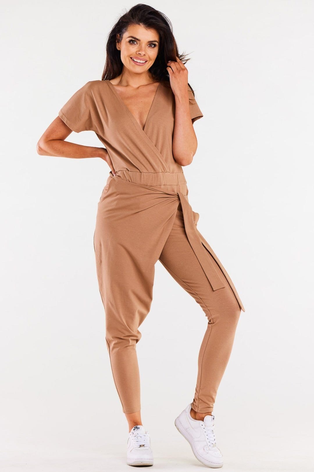 Love Lace Camel Crinkled Envelope Jumpsuit with Pockets